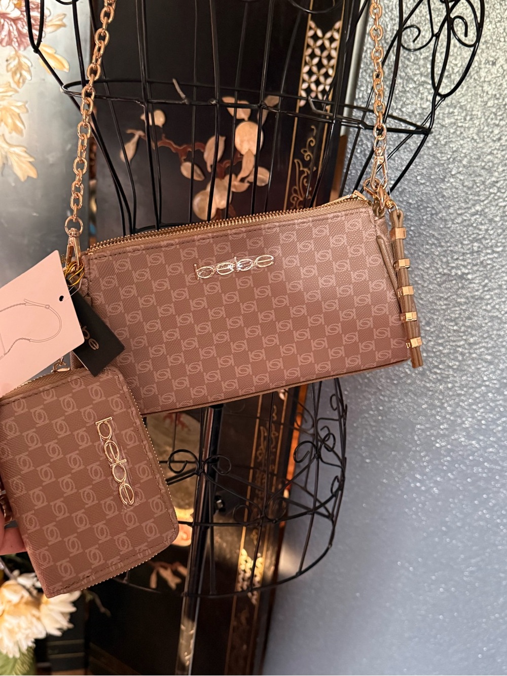 Bebe Beige baguette  Chain Strap Crossbody B